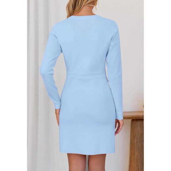 Fall 25 Long Sleeve Bodycon Light Blue Sweater Dress Women Winter Formal Mini - Picture 4 of 6